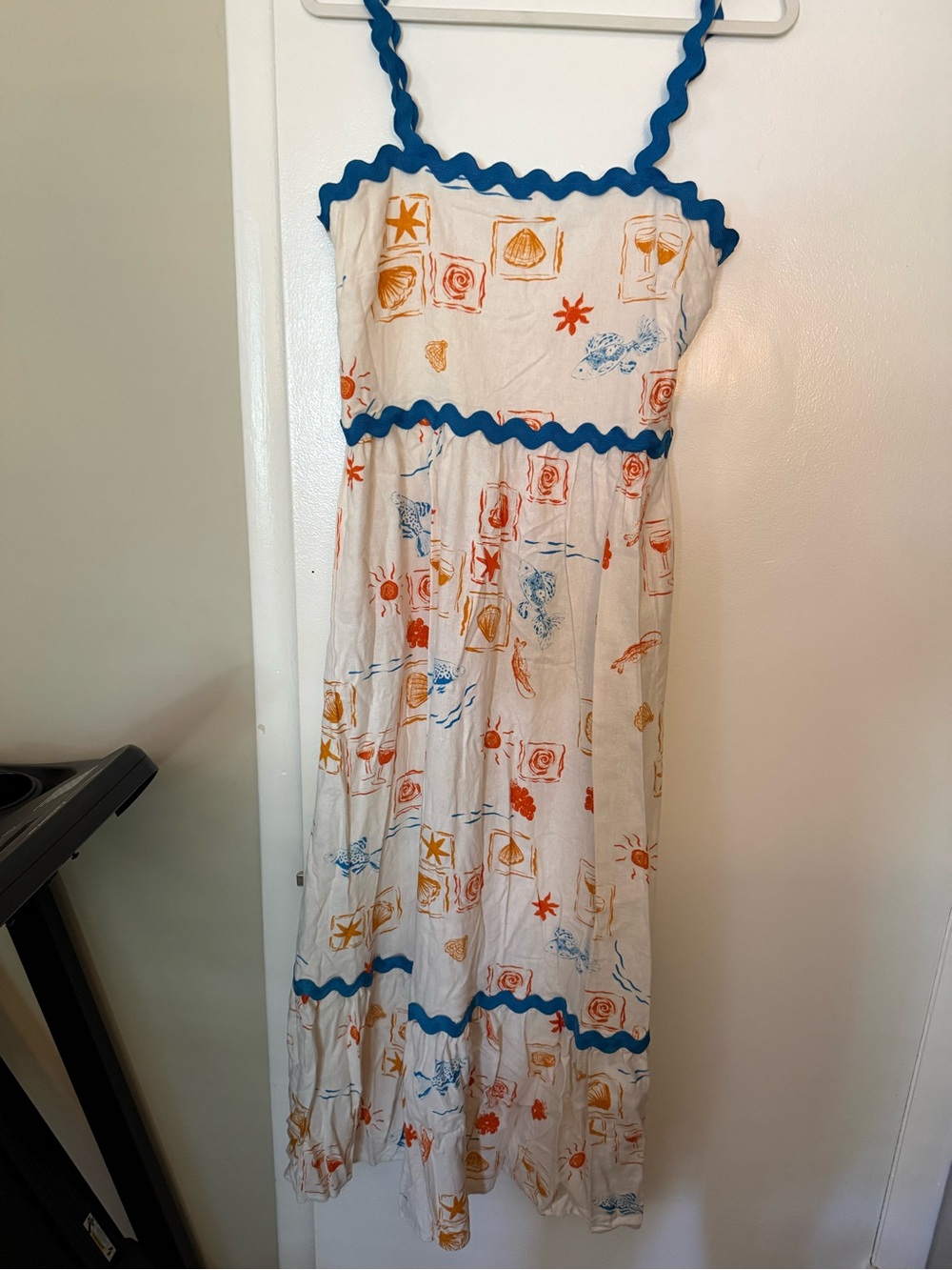 Girls' White Sundress with Blue Trim and Beach Print